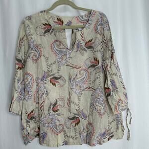 J. Jill love linen blouse lace up sleeves medium cream floral casual comfy